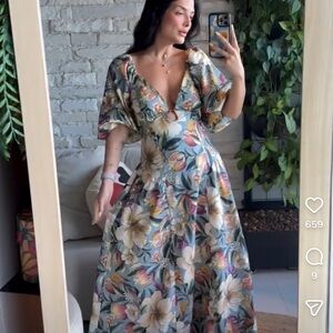FARM Rio Sage Green Floral Maxi Dress with Multicolor Blooms